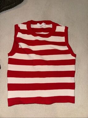 Sleeveless Red & White Striped Knit Tank Top